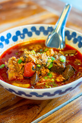 Rice noodles with spicy pork sauce. Local food of Thai in the north of Thailand