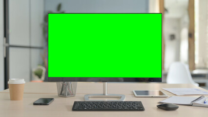 Computer with Green Screen in Office, Zoom in