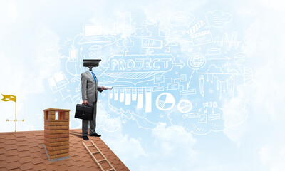 Concept of home security and privacy protection with camera headed man