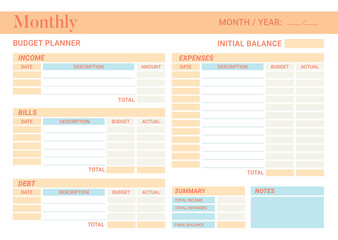 Monthly, weekly budget planner. Bills, Debts, Expenses, Income on on one page. Financial Accounting Template horizontal Page. Minimalist journal design printable