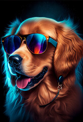 Portrait of a golden retriever wearing headphones and sunglasses. AI generated