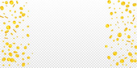 Russian ruble coins falling. Scattered gold RUB