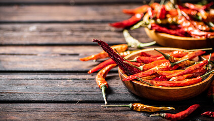 Pods of dried chili peppers in a plate. 