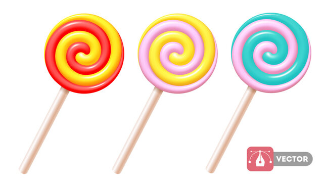 Set of sweet spiral lollipops on white plastic sticks. 3d realistic, swirl, colored sugar candies. Vector illustration EPS10