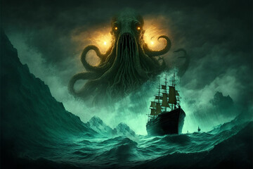 fantasy scene showing Cthulhu the giant sea monster destroying ships, Generative AI	