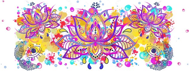 Fototapeta na wymiar Lotus flowers, mandala, yoga, meditation template. Watercolour illustration with splashes, fly, flowers, ornaments. Holiday , Valentines day, Christmas, BIRTHDAY TEMPLATE.
