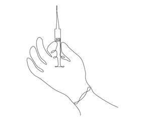 a hand with a syringe, hand-drawn, continuous mono line, one line art, contour drawing