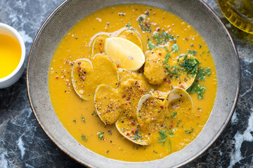 Middle close-up of chickpea cream-soup with littleneck clams, horizontal shot, selective focus