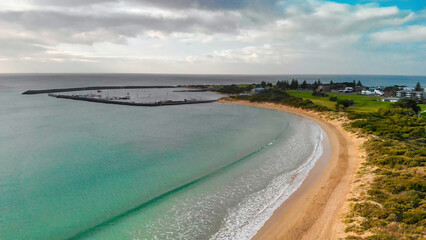 Apollo Bay from drone, coastline of the Great Ocean Road, Australia