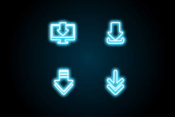 Neon glowing upload download icon symbol set