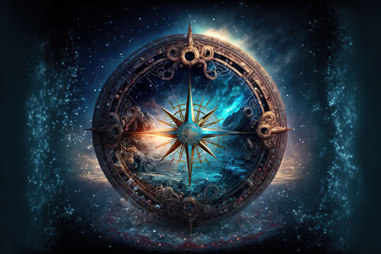 Colorful fantasy compass in the universe, Generative AI