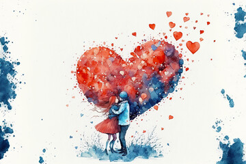Fototapeta Couple in love hugging and kissing. Young love. ai generated. Watercolor illustration of kissing and hugging couple surrounded by hearts. Romantic date. Valentine's day card obraz