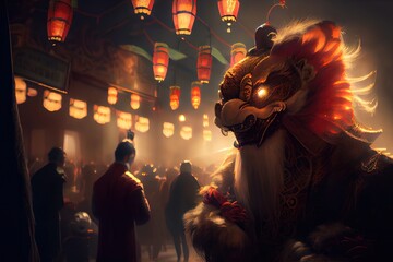 Lunar Chinese New Year Festival Lion Dance Celebration Background Image	
