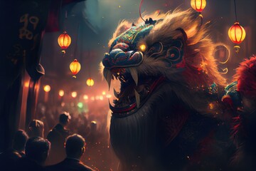 Naklejka premium Lunar Chinese New Year Festival Lion Dance Celebration Background Image 