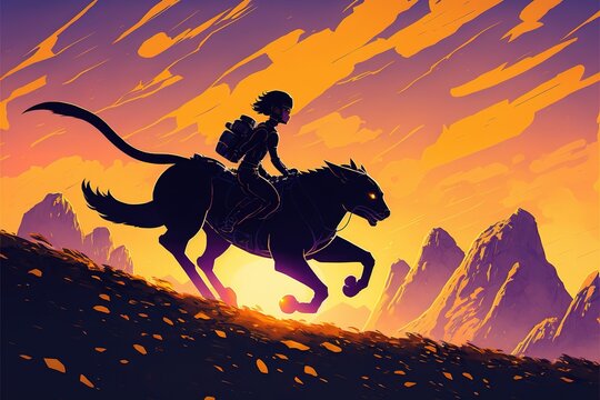 Child riding on the back of a panther. illustration. anime. Digital painting art. digital painting style. generative AI