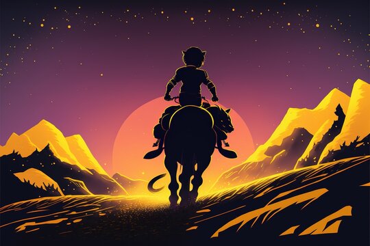 Child riding on the back of a panther. illustration. anime. Digital painting art. digital painting style. generative AI