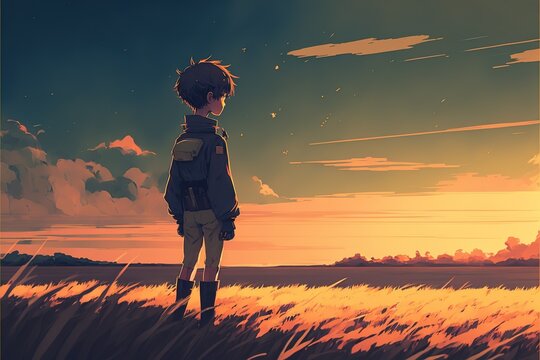 a classic beautiful boy standing in the field of style .illustration. anime. Digital painting art. digital painting style. generative AI