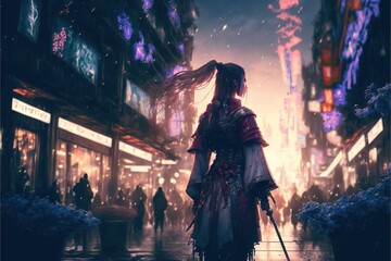 Fototapeta na wymiar Women samurai with swords walk in the fantasy town and magical sky with a moon. illustration. anime. Digital painting art. digital painting style. generative AI