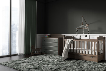 Grey baby room interior with crib, sideboard and toys near panoramic window