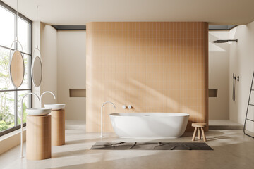 Fototapeta na wymiar Stylish bathroom interior with bathtub and double sink, window. Empty wall