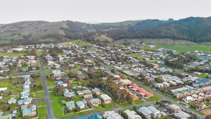 Apollo Bay from drone, coastline of the Great Ocean Road, Australia