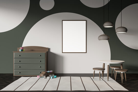 Green Baby Room Interior With Sideboard And Eating Table. Mockup Frame