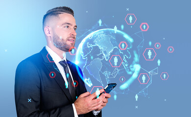 Businessman using phone, earth sphere and social network