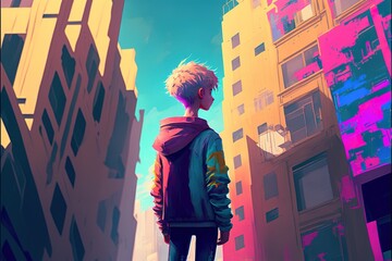 Fototapeta premium Boy standing in between buildings colors. illustration. anime. Digital painting art. digital painting style. generative AI