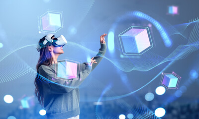 Young woman in vr glasses touching data blocks in cyberspace, me