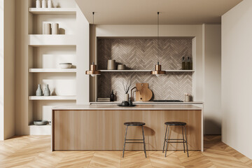 Light kitchen interior with bar countertop and cooking zone with decoration - obrazy, fototapety, plakaty