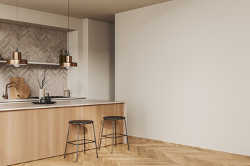 Corner view on bright kitchen room interior with island