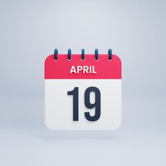 April Realistic Calendar Icon 3D Rendered Date April 19