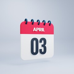 April Realistic Calendar Icon 3D Rendered Date April 03