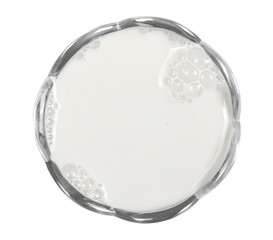 Glass of milk with bubbles isolated on white background, top view, clipping path 