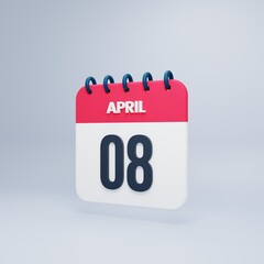 April Realistic Calendar Icon 3D Rendered Date April 08