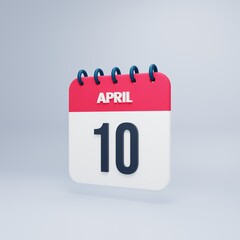 April Realistic Calendar Icon 3D Rendered Date April 10