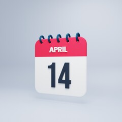April Realistic Calendar Icon 3D Rendered Date April 14