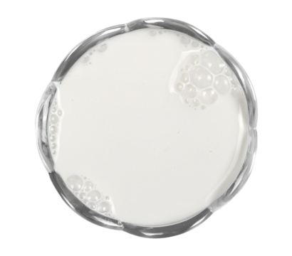 Glass of milk with bubbles isolated on white background, top view, clipping path 