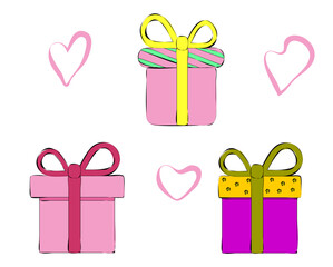 Gift boxes. Set of different present boxes. Surprise in the box. Vector.