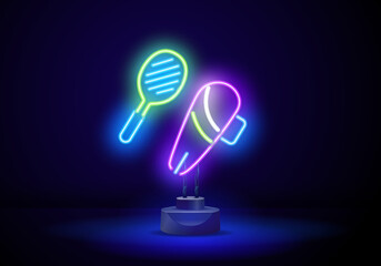 Neon sign of the tennis club. Glowing neon icons of tennis rackets with a case. Bright light sign of a sports bag.