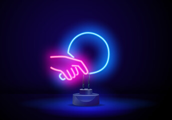 Vector neon hand icon that holds a ping pong or table tennis racket - obrazy, fototapety, plakaty