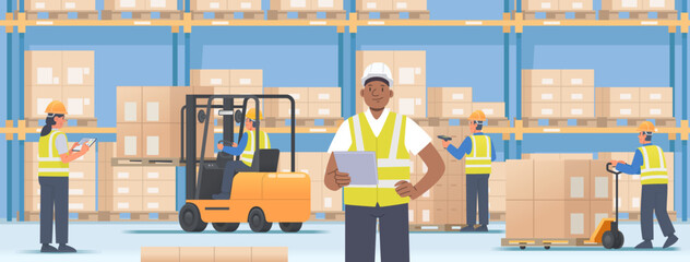 Warehouse interior with workers on the background of racks with boxes of goods on pallets. Forklift operator, manager, movers - 563557775