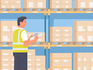 Warehouse manager checks the availability of goods. The worker holds a tablet in his hands against the background of racks with boxes