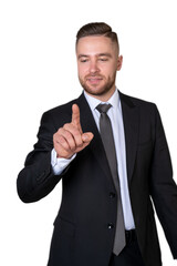 Businessman finger touch something, isolated over white backgrou