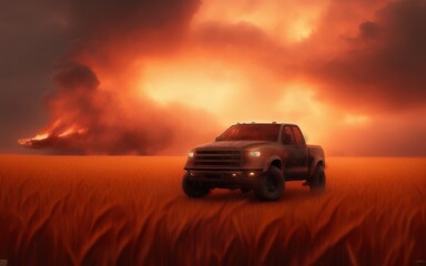 Fototapeta na wymiar Pickup truck on fire in a wheat field during a firestorm. Created with generative AI