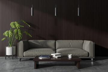 Brown relaxing room interior with sofa and decoration with lamp