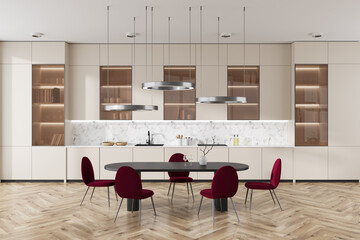 Front view on bright luxury kitchen and dining room interior