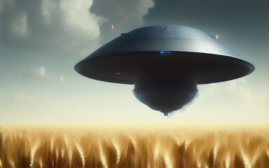 Naklejka na ściany i meble UFO flying over a wheat field. Created with Generative AI