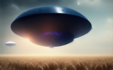Naklejka premium UFO flying over a wheat field. Created with Generative AI