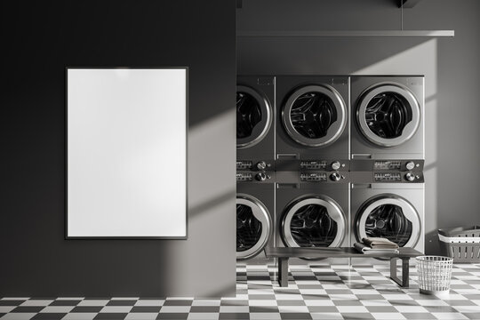 Grey laundry interior with washing machines and bench. Mockup frame